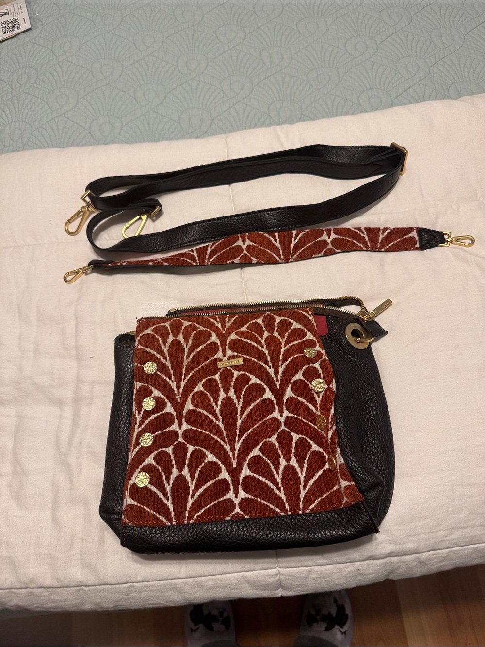 Women's Brown Patterned Crossbody Bag with Black Trim